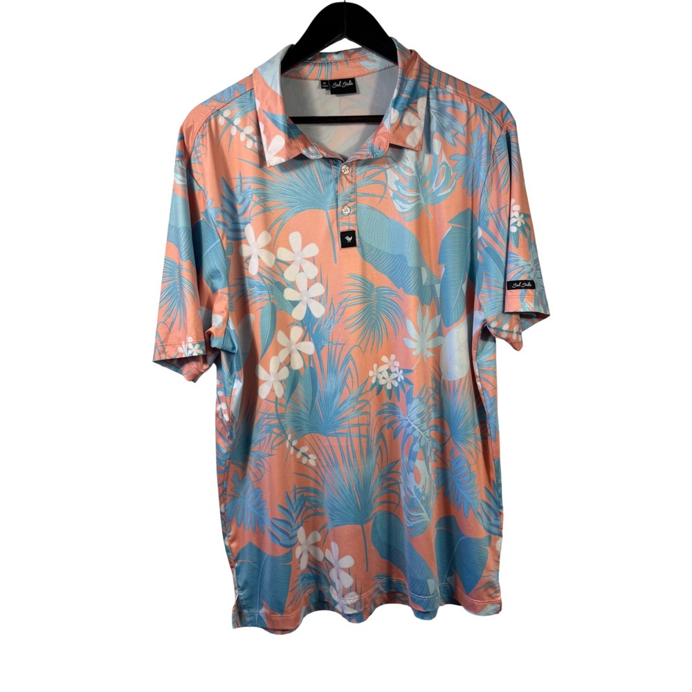 Bad Birdie Polo Shirt XL Tropical Floral Golf Coral Blue Performance Stretch